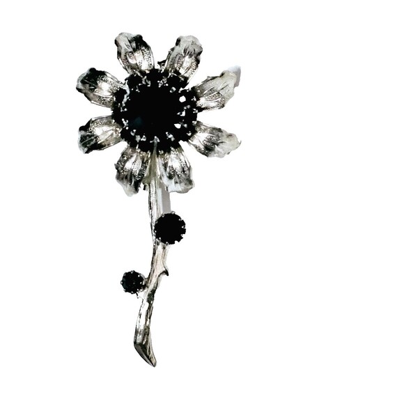 Flower Brooch Prong Set Black Crystal Silver Tone Dahlia Sunflower Daisy VTG EUC - Picture 3 of 11